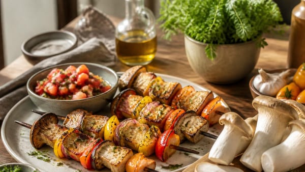Vegetarisches Grill-Highlight: Kräuterseitling-Spieße mit einer herrlich frischen Tomaten-Salsa